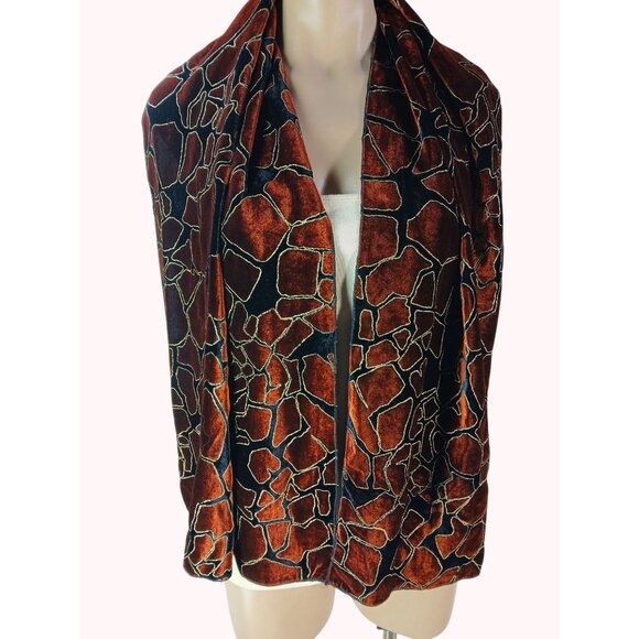 Unknown Accessories - Burnt Orange Black Gold Giraffe Mosaic Print Scarf Silk Blend Lining 60"x17" Ita
